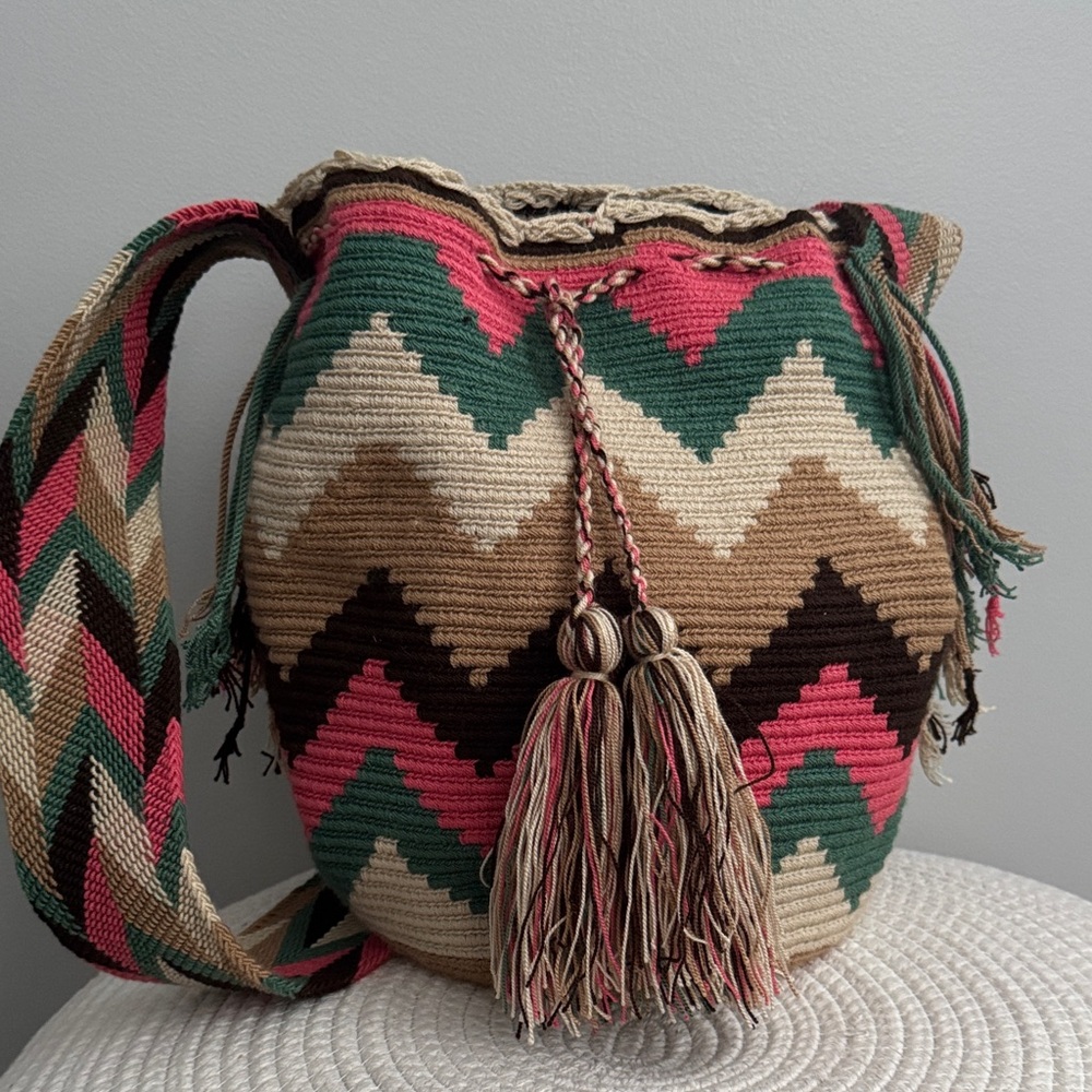 Wayuu Tribe Handmade Pink and Green Chevron Shoulder Bag